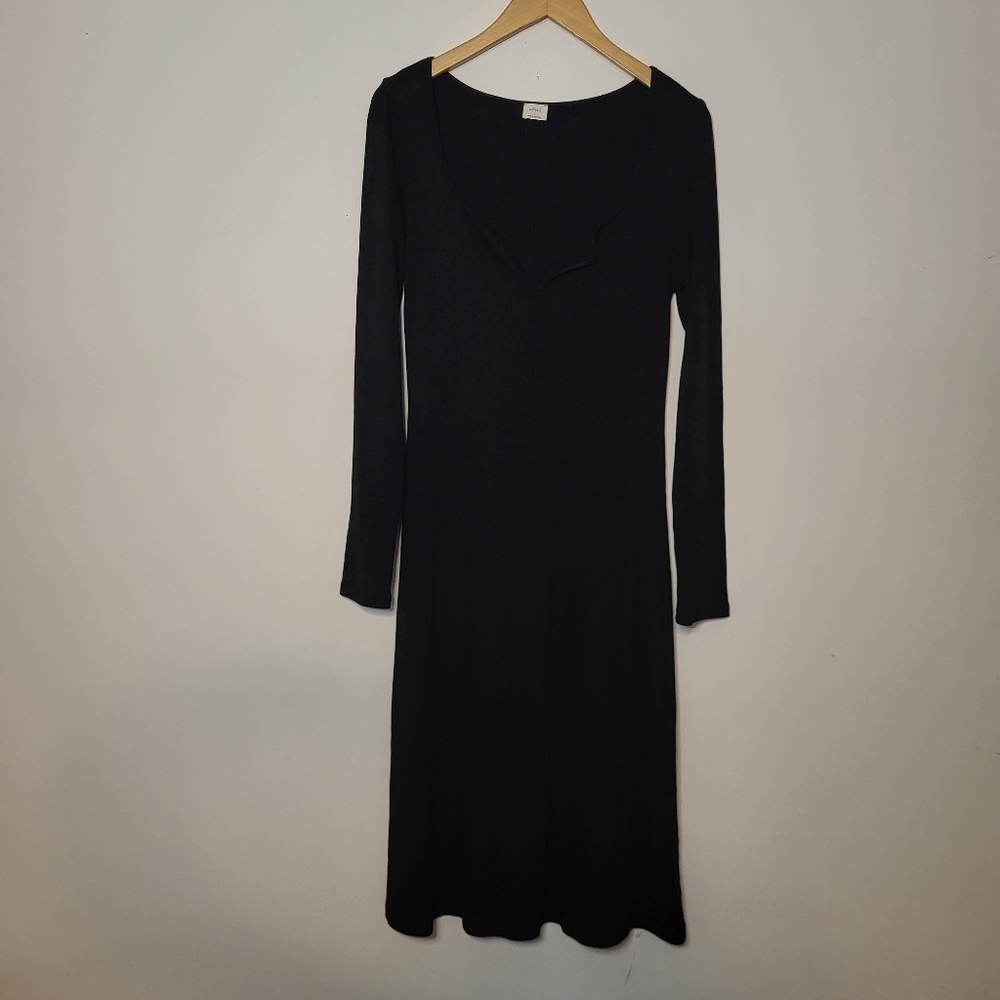 Wilfred Stretch Long Sleeve V-Neck Knitted Ribbed Midi Dress Black Size Large